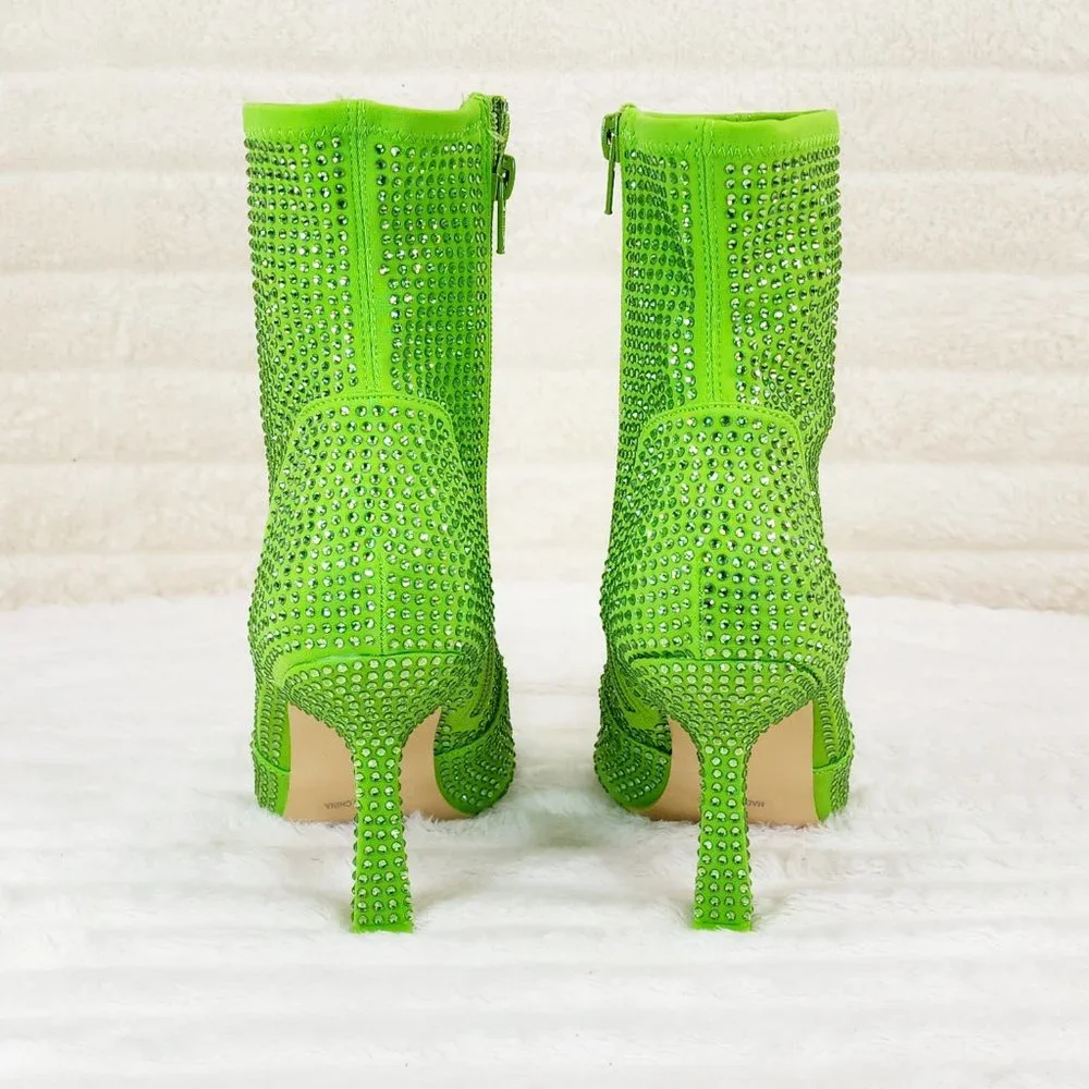 Stunning Bright Green Stretch Rhinestone Ankle Boots 3.5" Kitten Heels_4